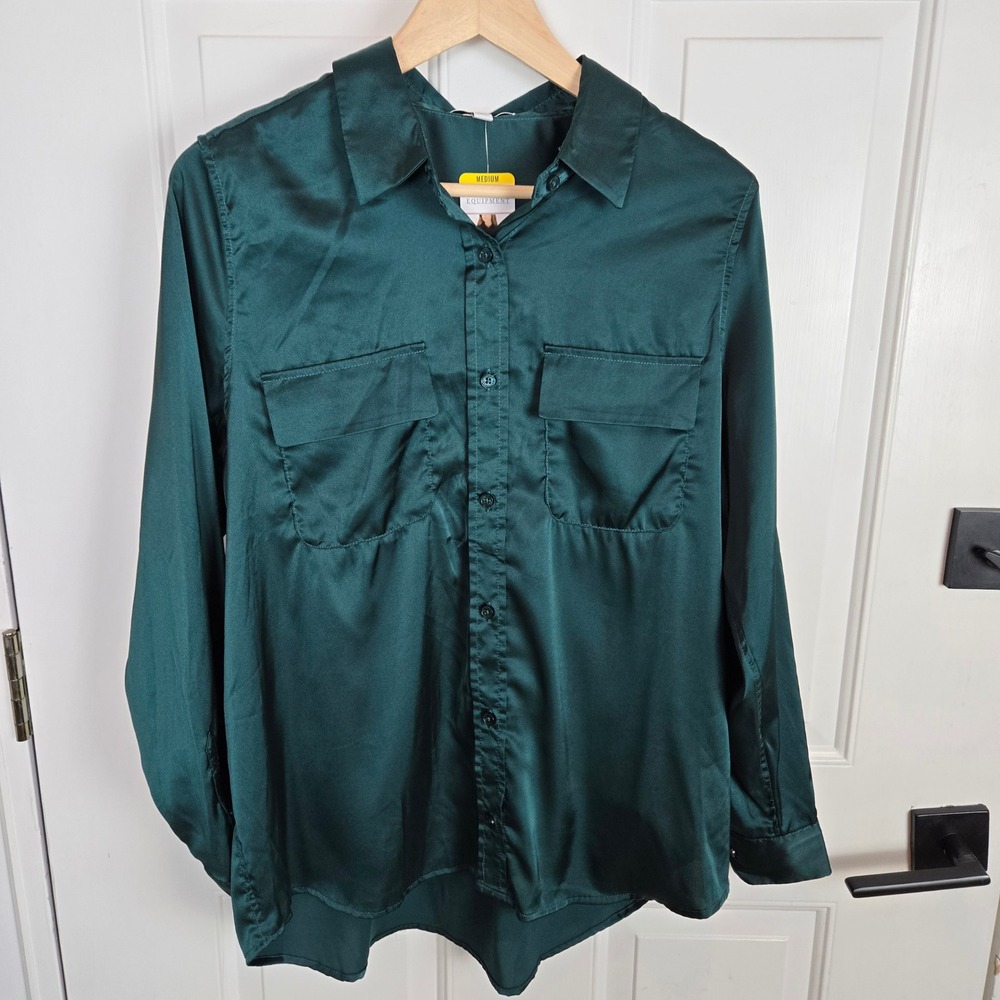 Equipment Button Down Shirt Medium‎ Emerald Green Satin Camp Long Sleeve Career